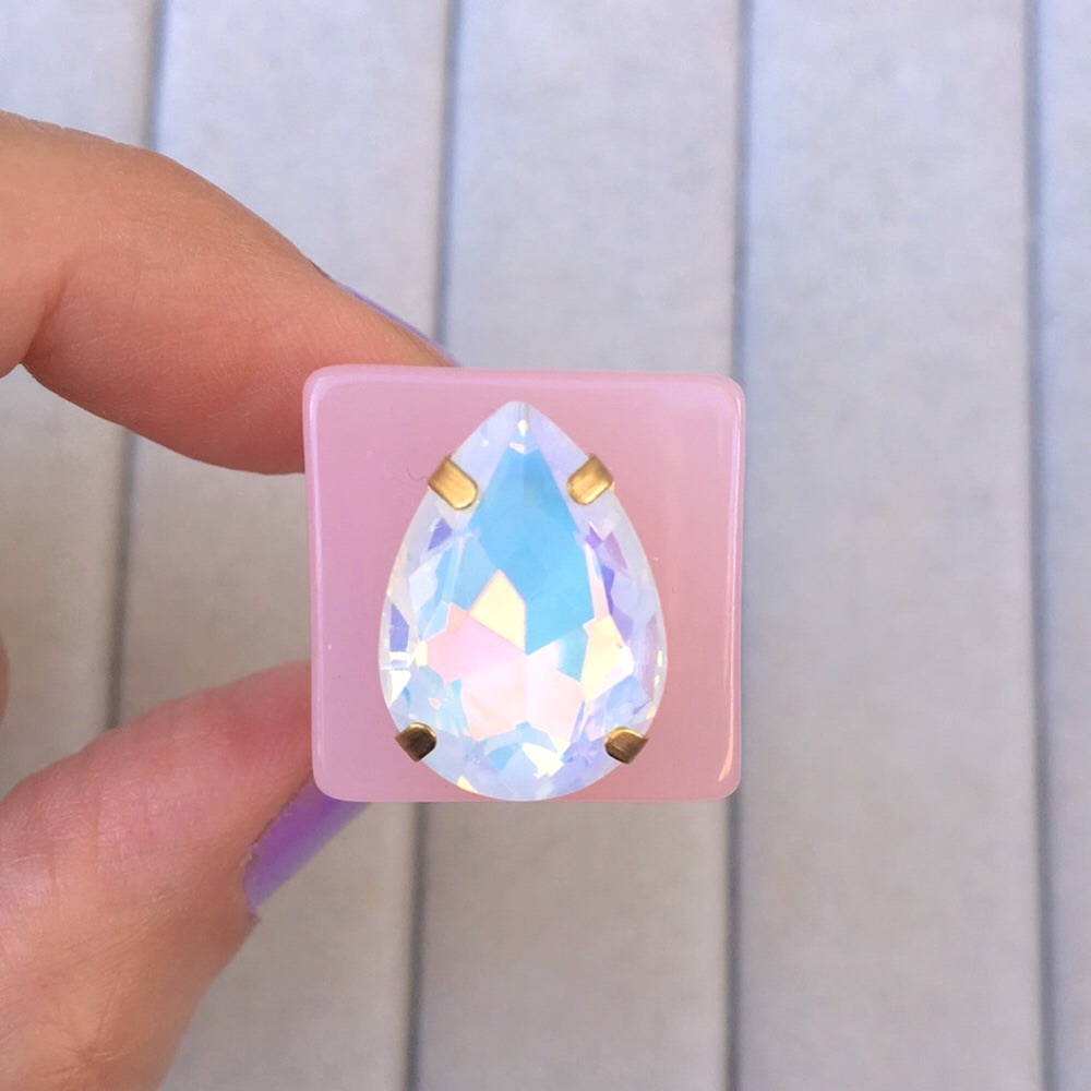 Pastel Pink + White Opal Aurora Borealis Gold Pear Crystal Statement Ring
